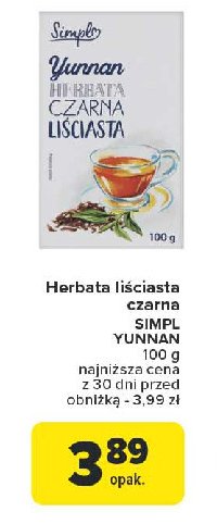 Herbata czarna liściasta yunnan Simpl promocja w Carrefour