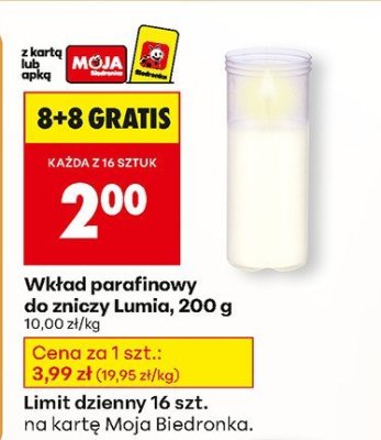 Wkład parafinowy do zniczy Lumia, 200 g 8+8 gratis promocja w Biedronka