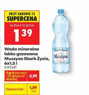 Woda mineralna lekko gazowana Muszyna Skarb Życia 6x1,5l promocja w Biedronka