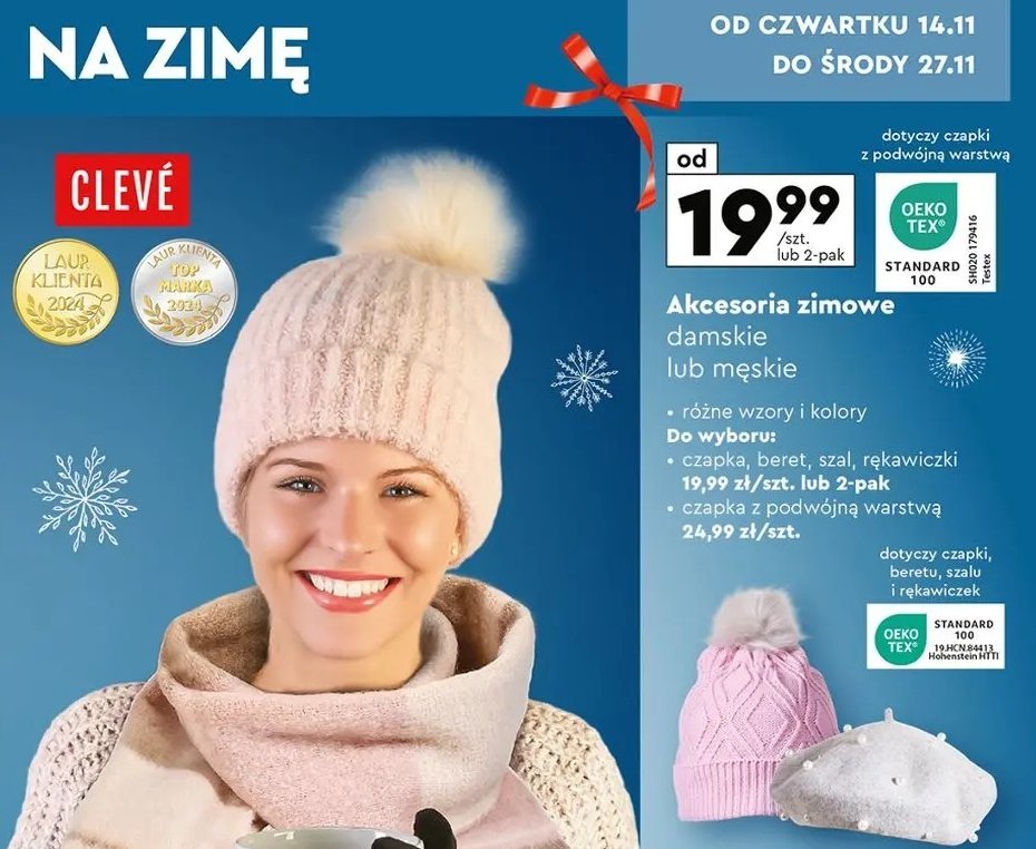 Czapka z podwójną warstwą damska Cleve promocja w Biedronka