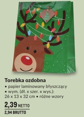 Torebka ozdobna papier laminowany błyszczący wym. (dł. x szer. x wys.): 26 x 13 x 32 cm, różne wzory promocja w Makro