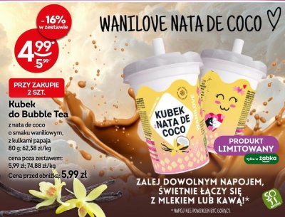 Kubek do Bubble Tea z nata de coco o smaku waniliowym, z kulkami papaja promocja w Żabka