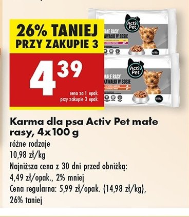 Karma dla psa kawałki w sosie małe rasy 2x z indykiem z marchewką + 2x z jagnięciną i drobiem Activ pet promocja