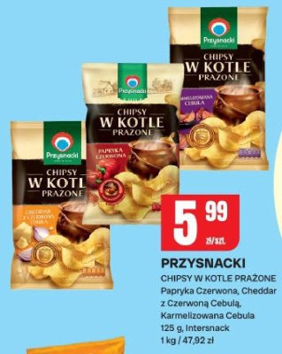 Chipsy w kotle prażone Przysnacki Papryka Czerwona, Cheddar z Czerwoną Cebulą, Karmelizowana Cebula promocja w Chorten