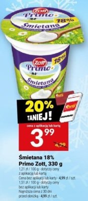 Śmietana 18% Primo Zott, 330 g promocja w Twój Market