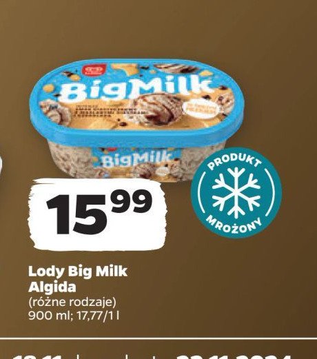 Lody intense ciasteczkowe z maslanymi ciastkami i czekoladą Algida big milk promocja w Netto