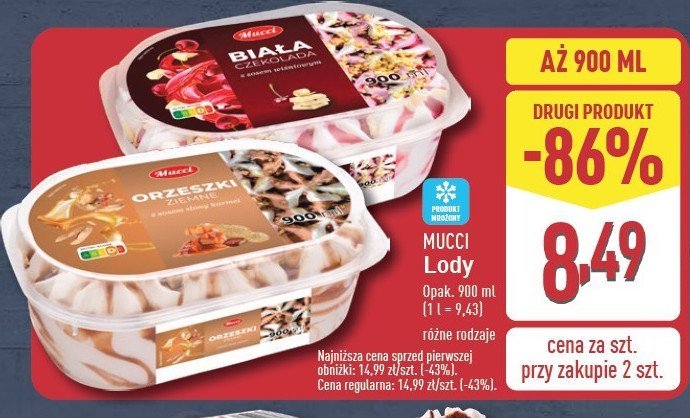 Lody biała czekolada z sosem wiśniowym Mucci promocja w Aldi