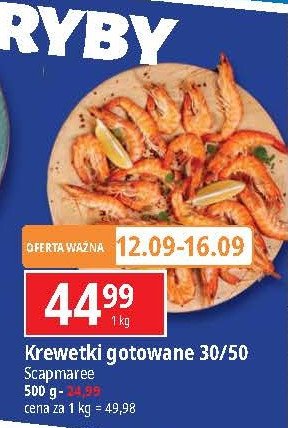 Krewetki całe gotowane 30/50 Scapmaree promocja w Leclerc