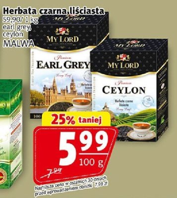 Herbata czarna liściasta Earl Grey My Lord promocja w Prim Market