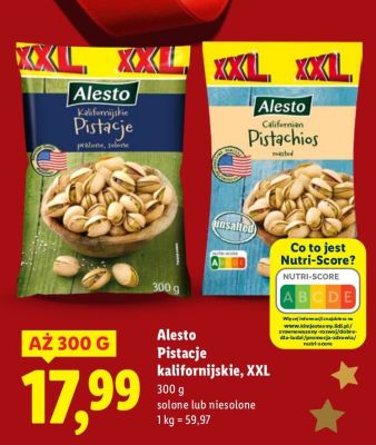 Pistacje Alesto Pistacje kalifornijskie XXL niesolone promocja w Lidl