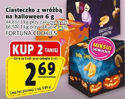 Ciasteczko z wróżbą na halloween 6 g 44.83/1kg przy zakupie 2 szt., 66.50/1kg przy zakupie 1 szt. promocja w Prim Market