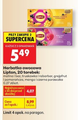 Herbatka owocowa Lipton malina i bez promocja w Biedronka