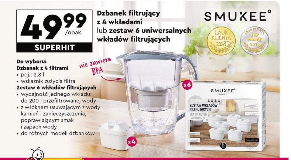 Dzbanek filtrujący 2.8 l + 4 wkłady Smukee promocja