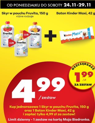 Zestaw Skyr w pouchu Fruvita, baton Kinder Maxi promocja w Biedronka