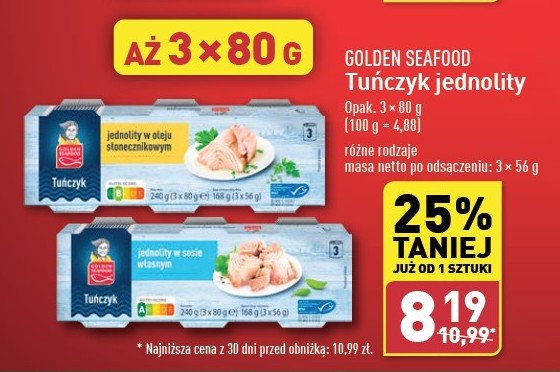 Tuńczyk jednolity w sosie własnym Golden seafood promocja w Aldi