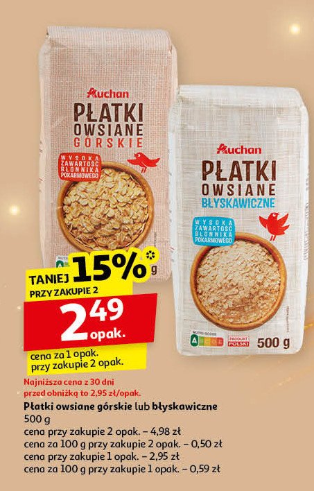 Płatki owsiane górskie Auchan różnorodne (logo czerwone) promocja w Auchan