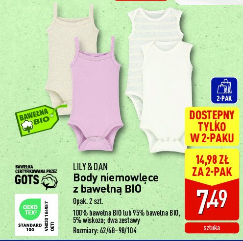 Body niemowlęce z bawełny bio 62/68-98/104 Lily & dan promocja w Aldi