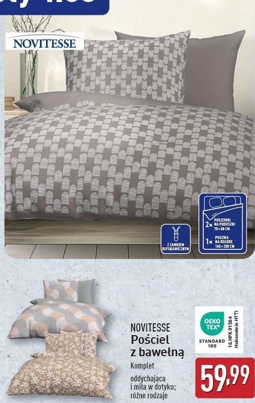 Pościel z bawełny 2 x 70 x 80 + 160 x 200 cm Novitesse promocja w Aldi