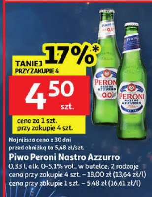 Piwo Peroni Nastro Azzurro 0.33 l alk. 0-5.1% vol., wybrane rodzaje promocja w Auchan