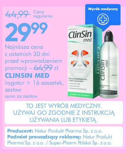 Zestaw do płukania zatok irygator + saszetki Clinsin med promocja