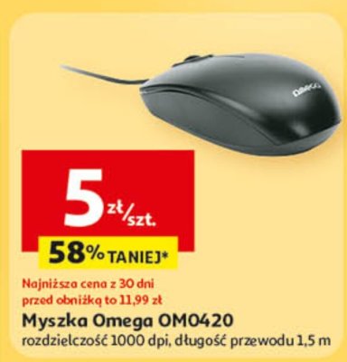 Mysz optyczna OM0420 rozdzielczość 1000 dpi długość przewodu 1,5 m promocja w Auchan