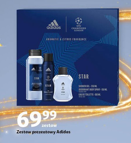 Zestaw w pudełku champions league star: żel pod prysznic 250 ml + dezodorant 150 ml + woda toaletowa 100 ml Adidas zestawy Adidas cosmetics promocja