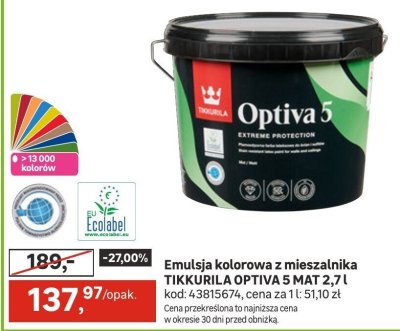 Emulsja kolorowa z mieszalnika TIKKURILA OPTIVA 5 MAT 2,7 l promocja w Leroy Merlin