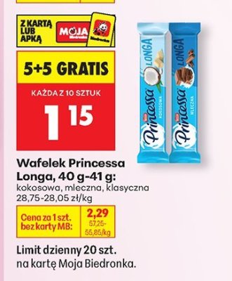 Wafelek Princessa Longa 41 g mleczna promocja w Biedronka