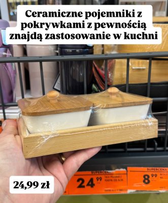 Ceramiczne pojemniki z pokrywkami z drewna Smukee Home promocja w Biedronka