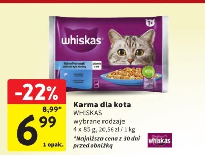 Karma dla kota WHISKAS wybrane rodzaje 4 x 85 g promocja w Intermarche