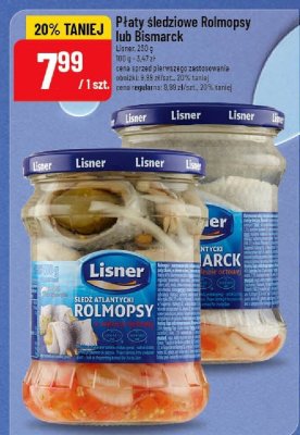 Płaty śledziowe Rolmopsy lub Bismarck Lisner promocja w POLOmarket