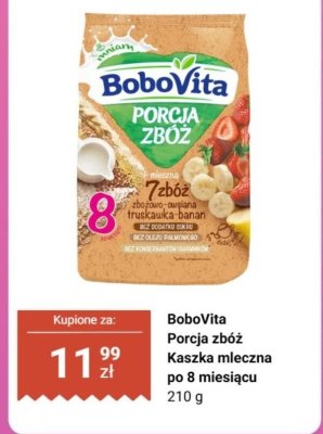 Kaszka mleczna Porcja zbóż 7 zbóż truskawka, banan po 8 miesiącu BoboVita promocja w Biedronka