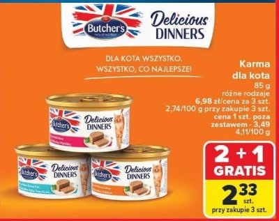 Karma dla kota 85 g, różne rodzaje 2+1 GRATIS Butcher's promocja w Carrefour