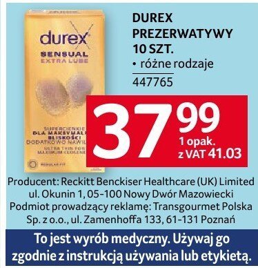 Prezerwatywy Durex Sensual Extra Lube promocja w Selgros