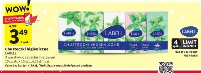 Chusteczki higieniczne LABELL 3 warstwy, o zapachu miętowym 10 opak. x 10 szt. promocja w Intermarche