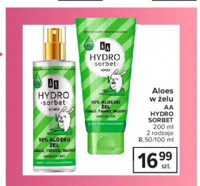 96% aloesu żel ciało, twarz, włosy  nawilża i koi aloes + kwas hialuronowy Aa hydro sorbet korea promocja