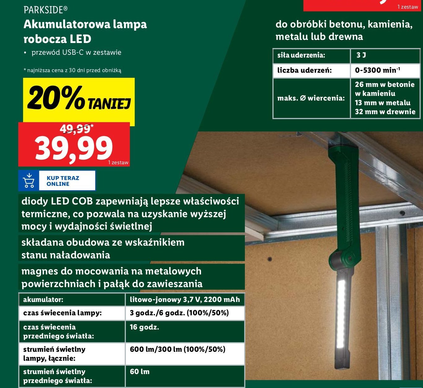 Akumulatorowa lampa robocza led Parkside promocja