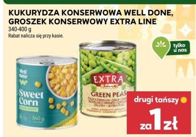 Kukurydza konserwowa Well Done, groszek konserwowy Extra Line promocja w Stokrotka