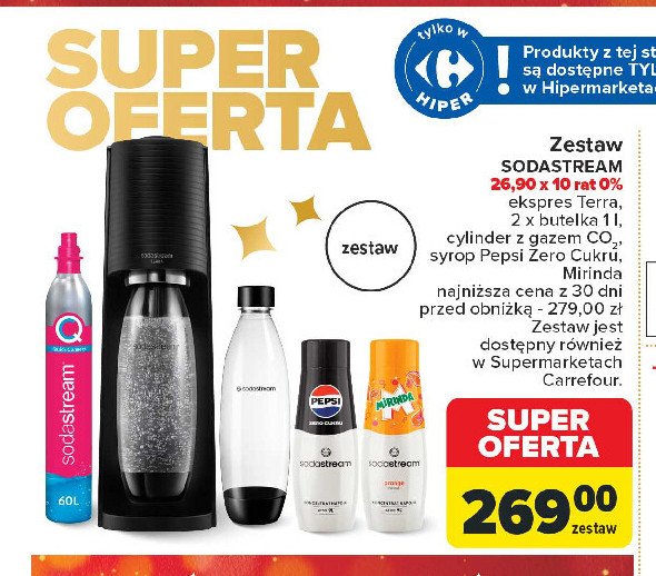 Zestaw: urządzenie sst terra czarny + cylinder cqc + butelka + pepsi max Sodastream promocja w Carrefour