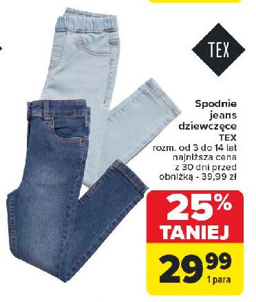 Spodnie jeans dziewczęce 3-14 lat Tex promocja w Carrefour