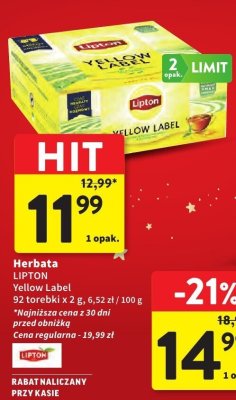 Herbata LIPTON Yellow Label, 2 g, 6,52 zł / 100 g promocja w Intermarche