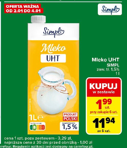 Mleko 1.5% Simpl promocja w Carrefour Express