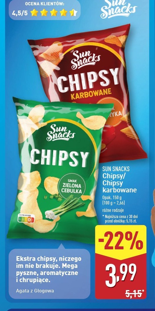 Chipsy karbowane zielona cebulka SUN SNACKS promocja w Aldi