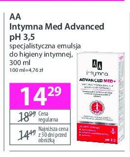 Advanced med+, specjalistyczna emulsja do higieny intymnej nawracające infekcje intymne infekcje dróg moczowych upławy ph 3.5 Aa intymna promocja