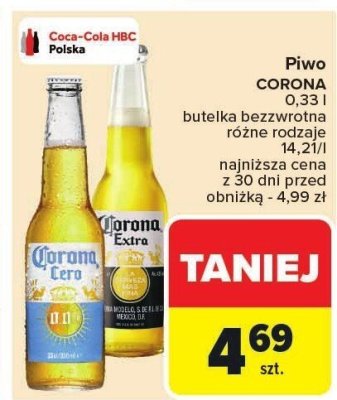Piwo Corona 0.33 l butelka bezwrotna różne rodzaje 14.21/l promocja w Carrefour