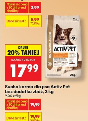 Karma dla psa Activ Pet bez dodatku zbóż 2 kg promocja w Biedronka
