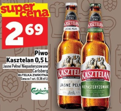 Piwo Kasztelan 0,5 L Jasne Pełne/ Niepasteryzowane/ Carlsberg Dutelka Zwrotna promocja w TOPAZ