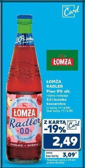 Piwo Łomża radler 0.0% jabłko-wiśnia promocja