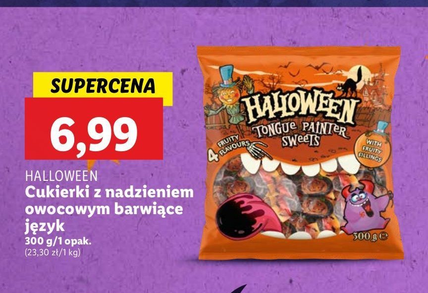 Cukierki barwiące język nadzieniem owocowym Halloween promocja