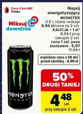 Napój energetyzujący MONSTER różne rodzaje 0.5l promocja w Carrefour